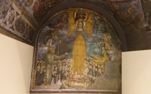 絵画館にある写真(反転)による「Madonna della Misericordia tra i santi Francesco e Bernardino」のレプリカ